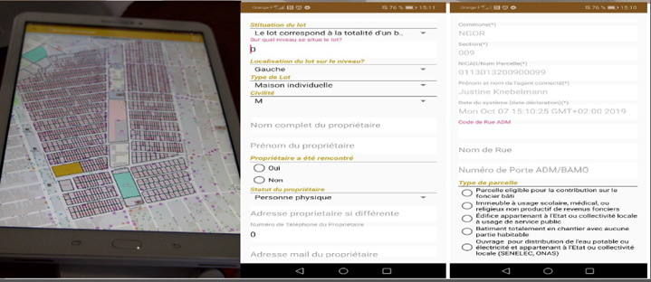 Property tax census activities using a tablet with pre-loaded cadastral information (left) and application allowing entry of information for each property (right).