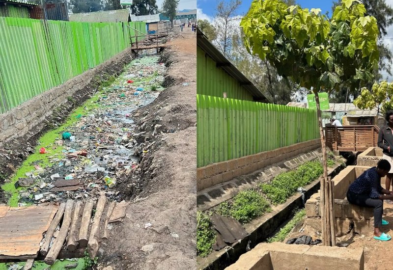 Riverfront public space before (l) and after (r), Mukuru kwa Reuben, Nairobi. Photo credit: KDI.